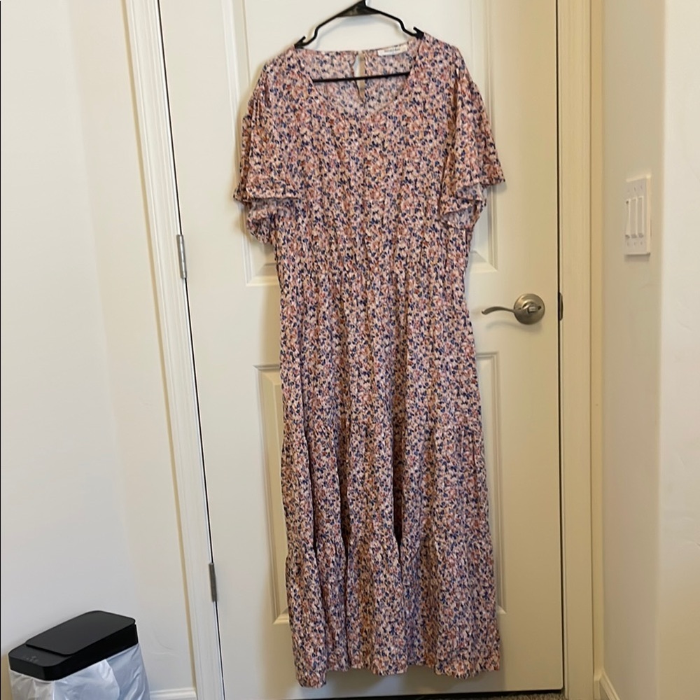 Pink and Red Tiered Maxi Sundress with Flutter Sleeves